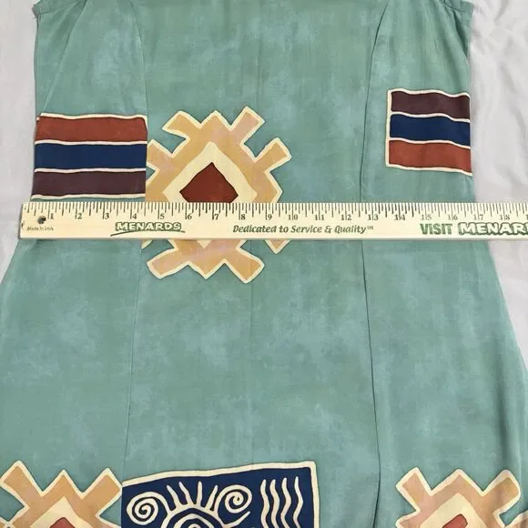 Bali Batiks Aztec Print Maxi Dress Sz M Aqua Green 4-Slit Bottom - Picture 7 of 9